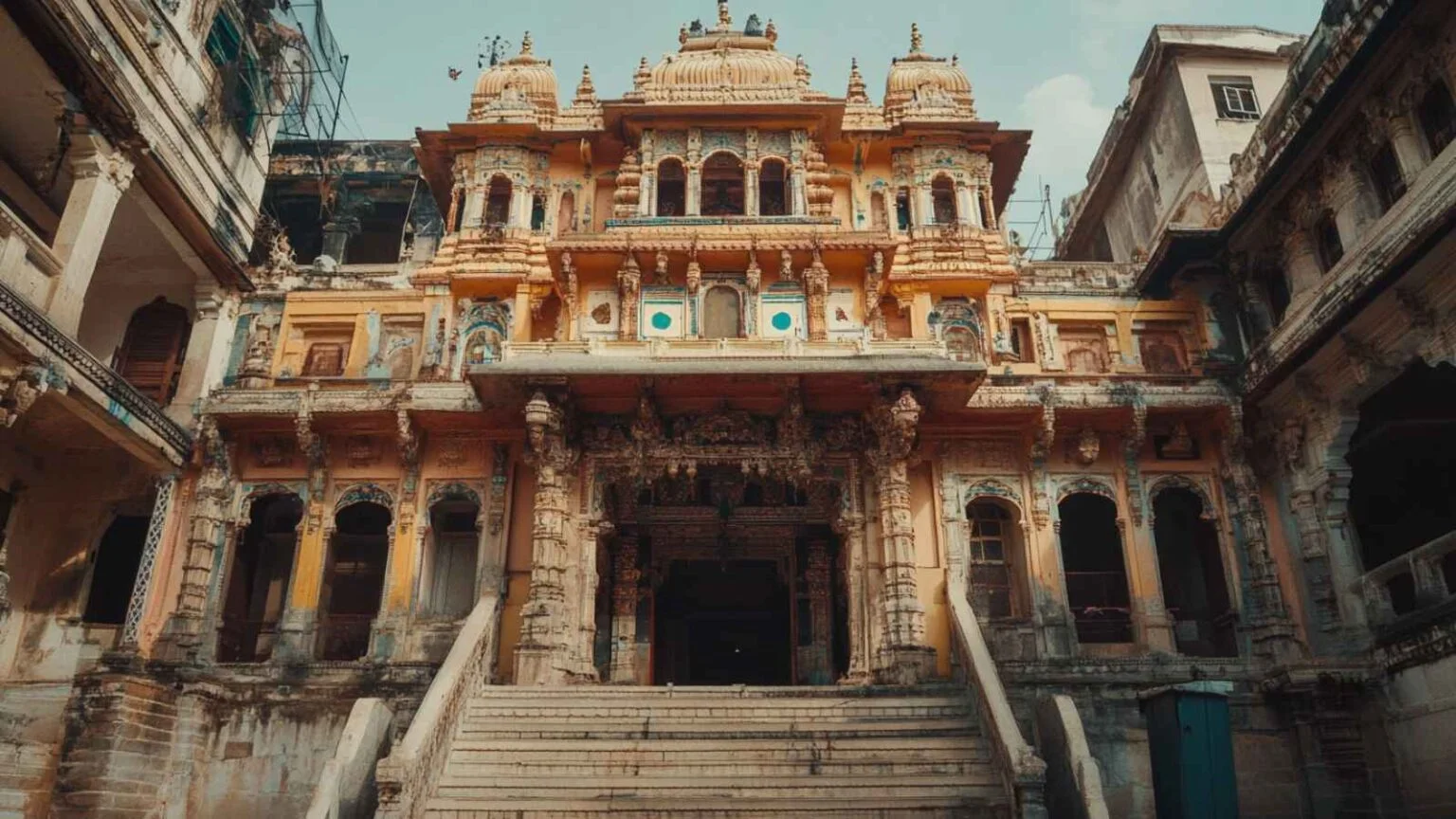 Mặt tiền ngôi đền Hindu cổ với cầu thang đá và hoa văn chạm khắc