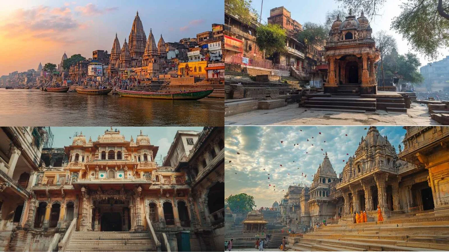 Bộ ảnh ghép phong cảnh đền cổ ven sông và kiến trúc Hindu