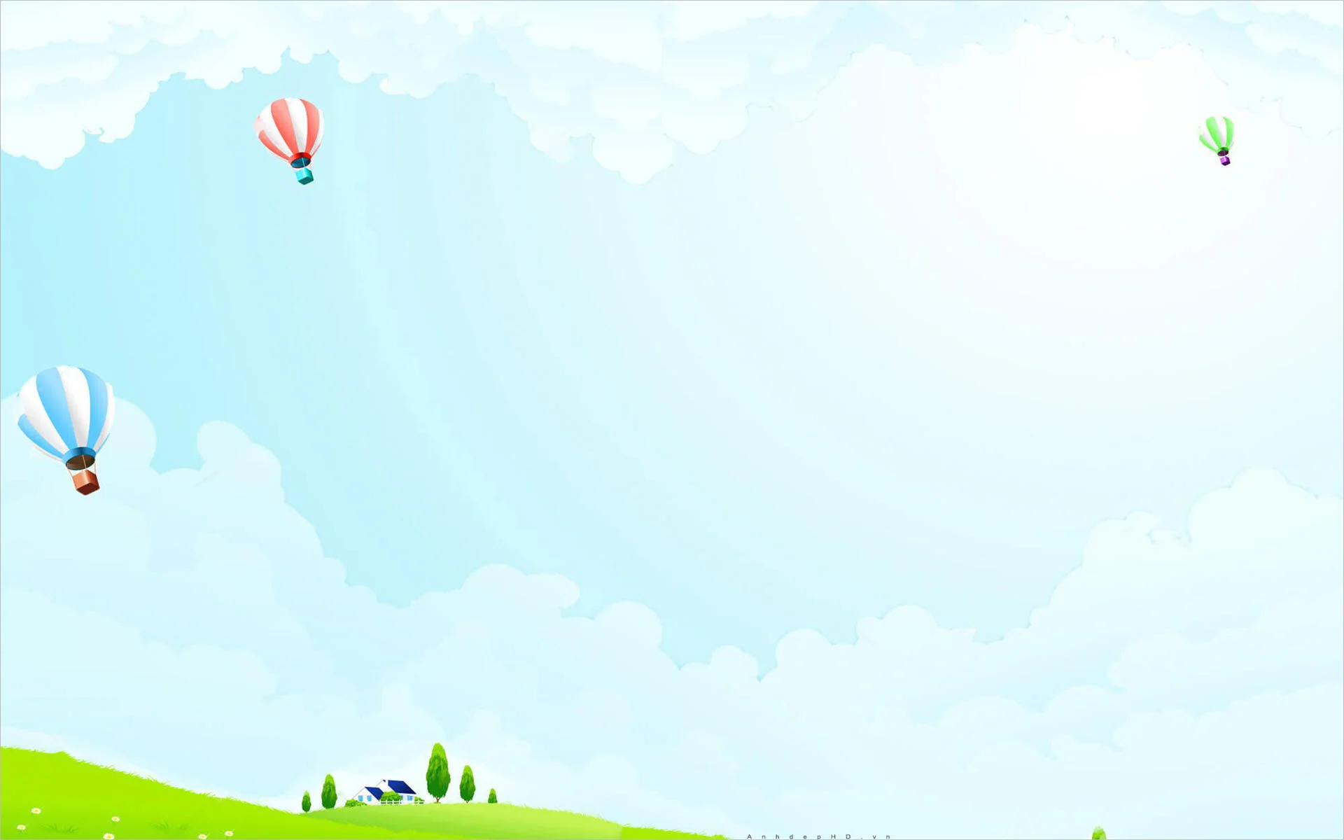 Hình nền PowerPoint đẹp với bầu trời xanh pastel, ba khinh khí cầu nhiều màu và đồng cỏ xanh thơ mộng