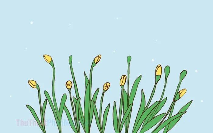 Hình nền PowerPoint đẹp màu xanh pastel với minh họa hoa cỏ xanh và nụ hoa vàng ở phía dưới