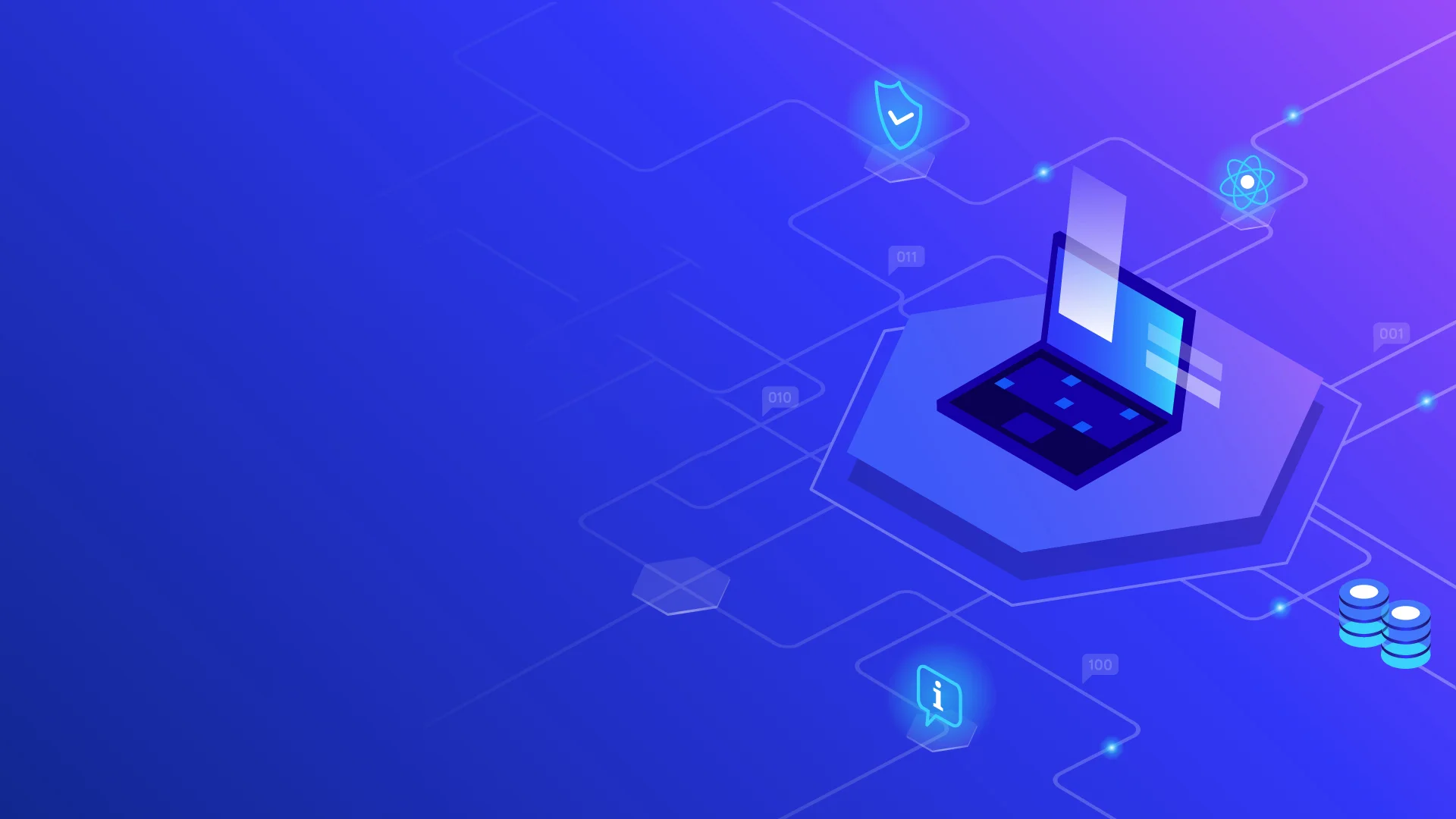 Hình nền powerpoint đẹp màu xanh công nghệ với máy tính xách tay 3D và các đường kết nối kỹ thuật số