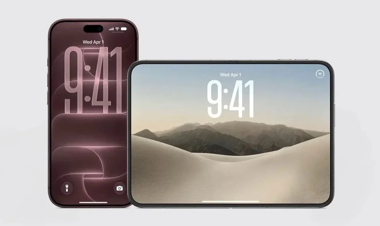 Mẫu iPhone 18 Pro Max concept màu đen tím đặt cạnh thiết bị màn hình lớn trong bố cục sản phẩm hiện đại.