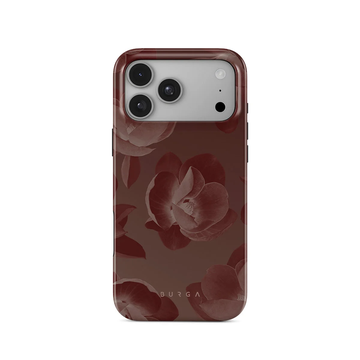 Mẫu iPhone 18 Pro Max với ốp lưng hoa burgundy sang trọng trên nền trắng