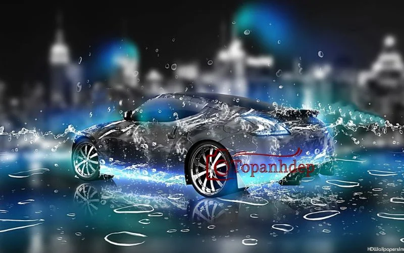 Siêu xe bóng bẩy lướt trên mặt đường ướt mưa, hiệu ứng ánh sáng neon, hình nền 3d tốc độ