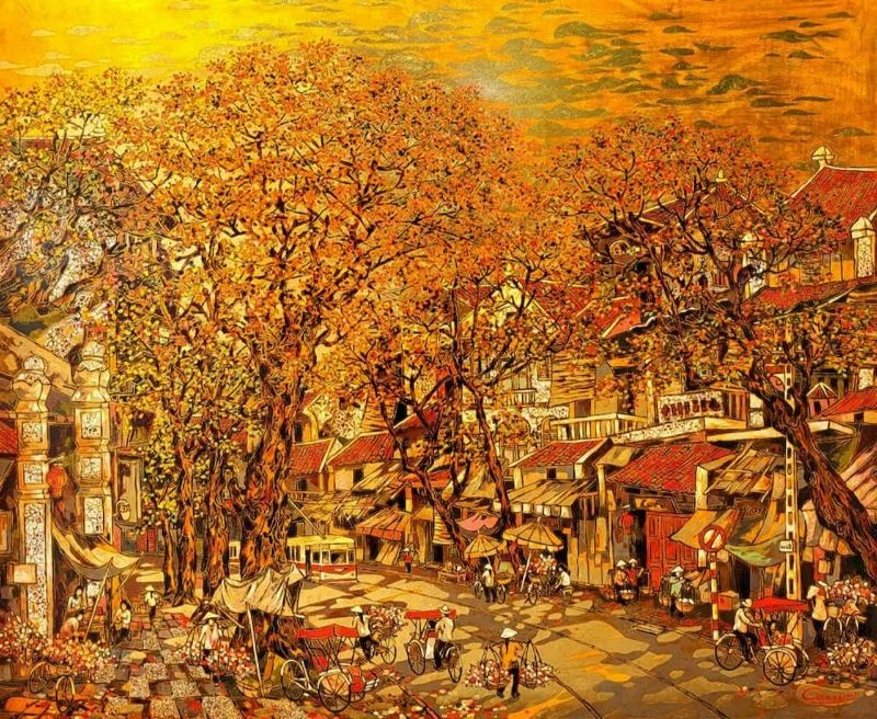 Vẻ đẹp bình dị của của phố phường Hà Nội được tái hiện trong tranh sơn mài