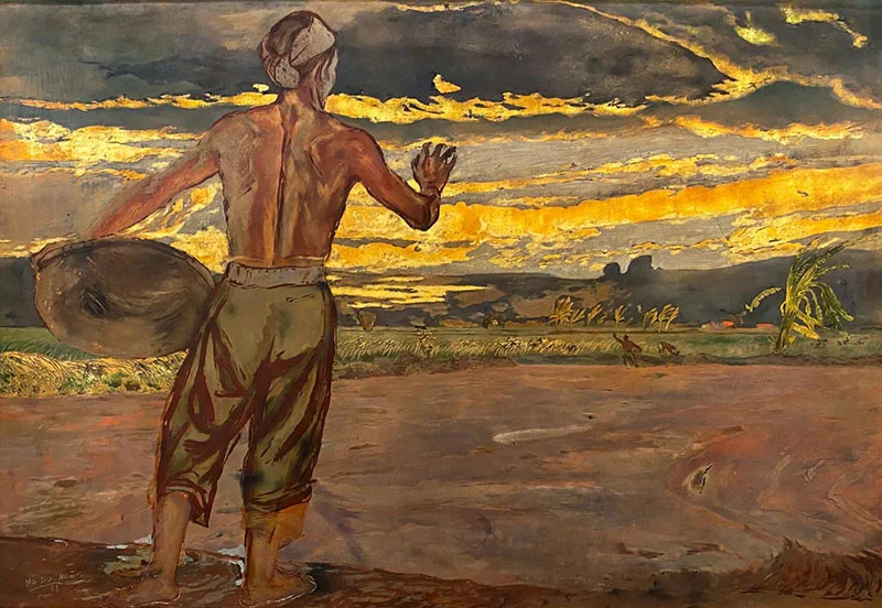 Tranh sơn mài bình minh trên nông trang