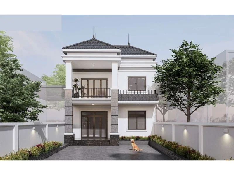 Mẫu nhà 2 tầng vì kèo lợp ngói, kiến trúc đơn giản nhưng vẫn sang trọng