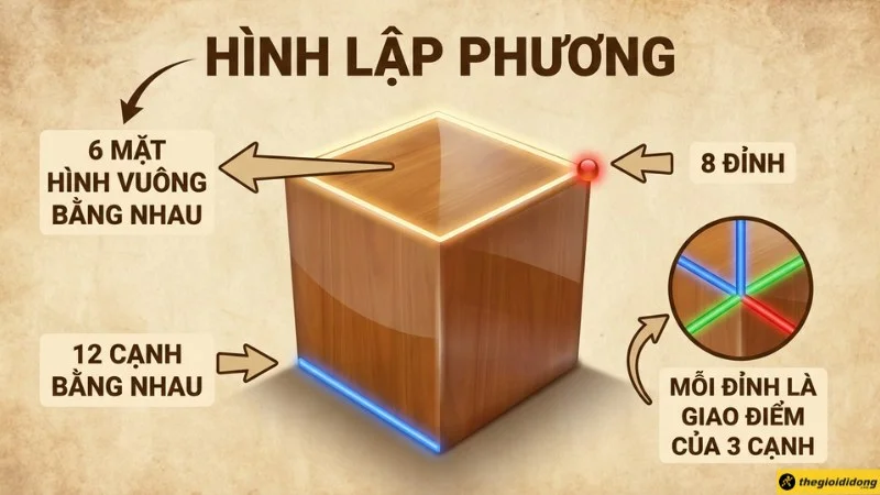 Hình ảnh minh họa các đặc điểm của hình khối lập phương với 6 mặt, 8 đỉnh và 12 cạnh.