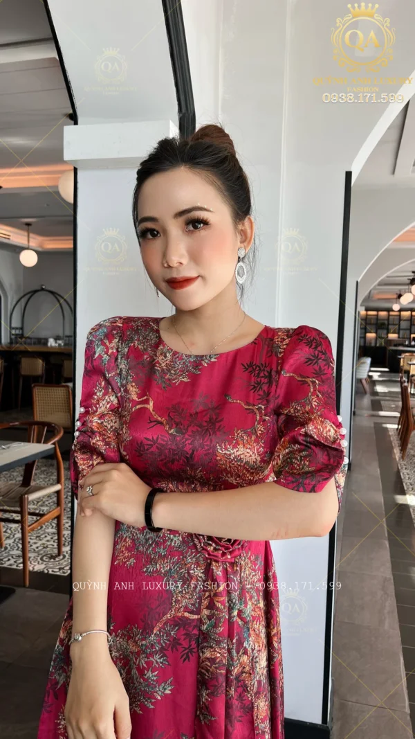Váy Đầm Xoè Hoa Tone Hồng Đậm Đẹp Sang Trọng Cao Cấp Akina Dress (3)