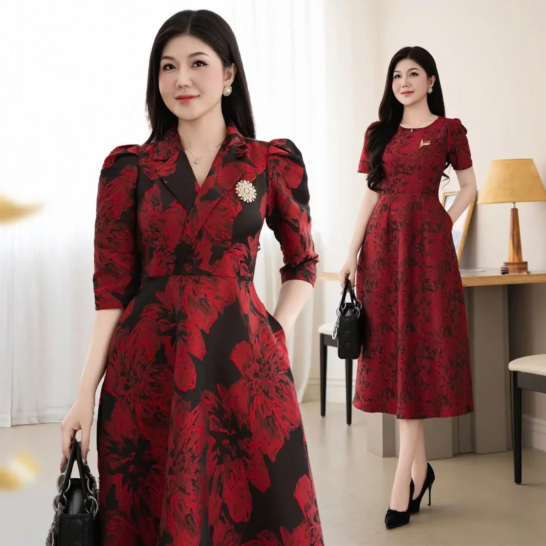 Váy gấm cao cấp dự tiệc sang trọng, phong cách thời thượng